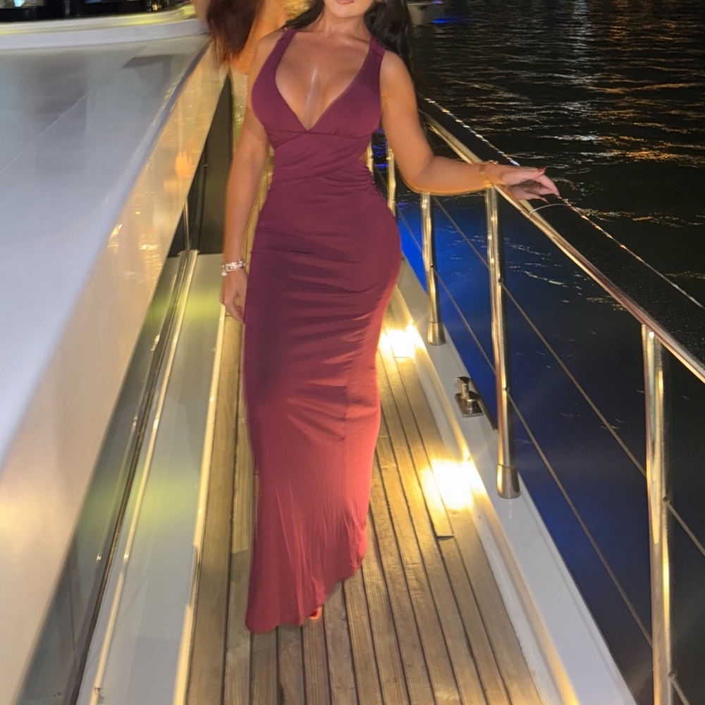 Purple backless evening gown